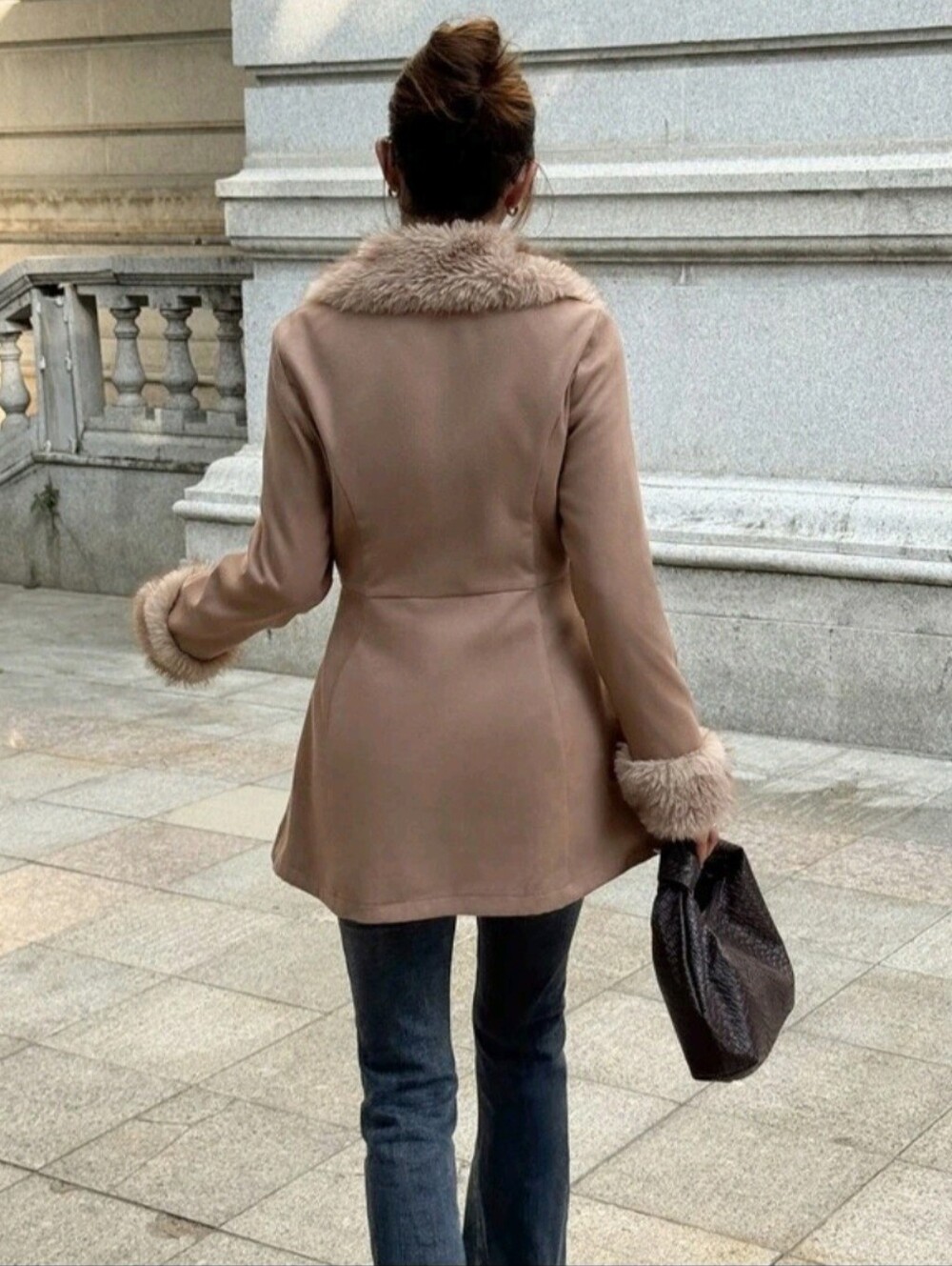 Casual Fashion Vintage Brown Patchwork Faux Fur Overcoat, Slim Fit - Picture 2 of 6